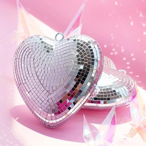 Miniatura 3 de VILLCASE Bolas de discoteca en forma de corazón, decoraciones de bola de discoteca plateada con cadena adjunta, colgante de luz reflectante para DJ