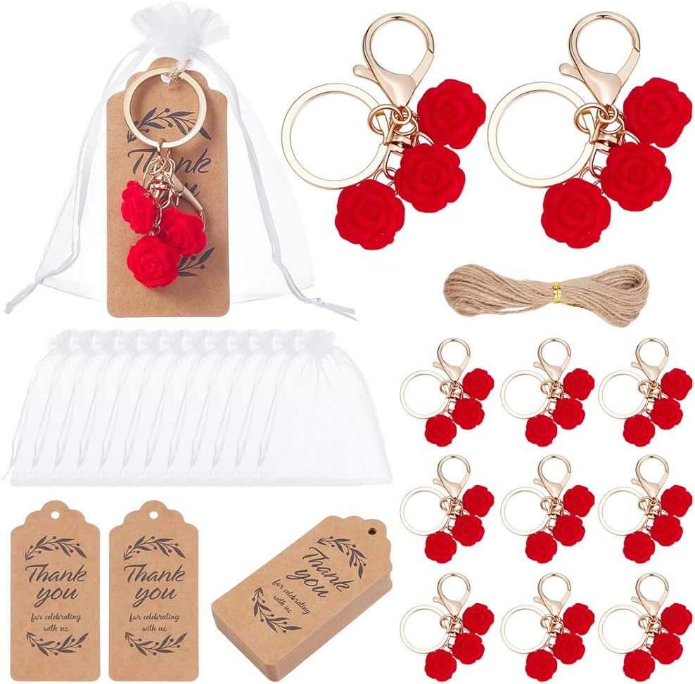FREEBLOSS 40 Set Rose Party Favor Keychains Rose Key Chains with 40 Organza Bags and 40 Thank You Tags Roses Theme Backpack Keychain Supplies Wedding Bridal Guests Souvenir for Party Favors Gift