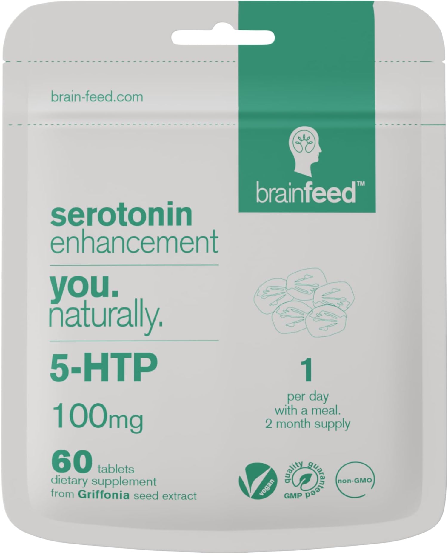 Serotonin Supplements (60) | 1-a-Day Serotonin Mood Support | 5HTP 100mg Per Tablet from Griffonia Seed Extract | Natural Serotonin Booster | 2 Month Supply