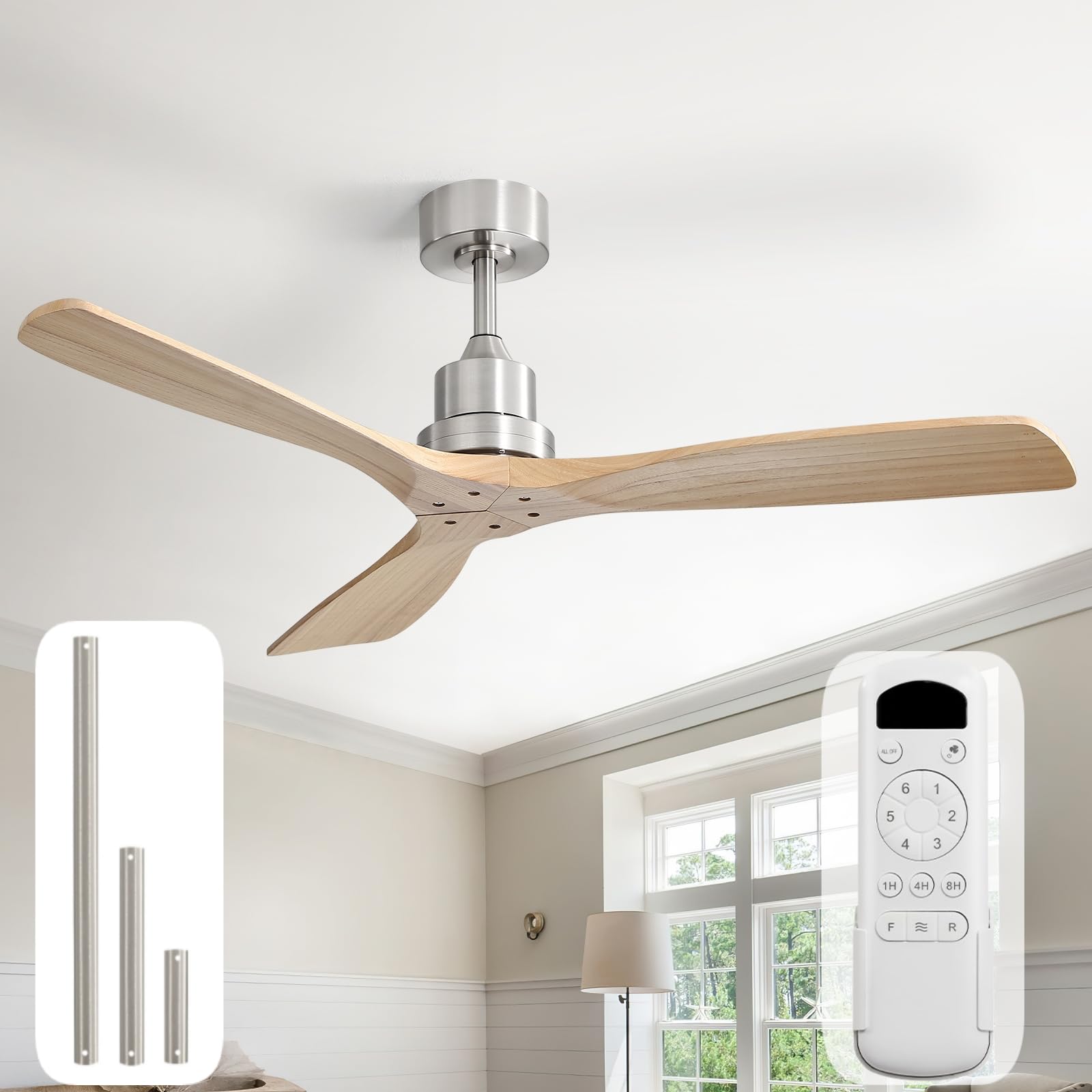Sofucor 52 Inch Ceiling Fans No Light-Outdoor Ceiling Fan with Remote Control, Modern Wood Ceiling Fan Without Light for Bedroom Indoor Patios Farmhouse,Reversible DC Motor,Brushed Nickel&Natural Wood