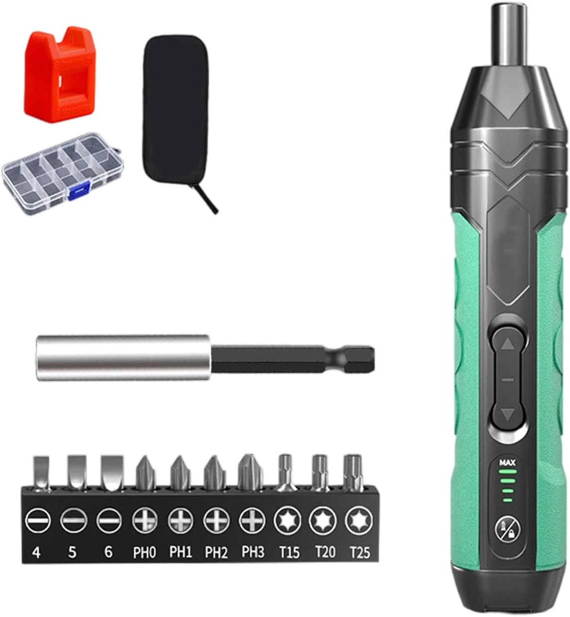 Professional 4 Torques Electric Screwdriver Tool 11Piece Bit Set Auto Reverse Function Holder and Power Display LED Worklight Screwdriver
