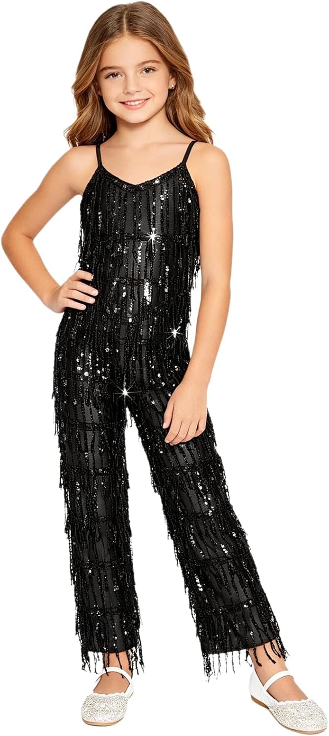 Linjinx Girls Party Jumpsuit Shiny Metallic Dance Unitard Hippie Star Dress-up Tassel Fringe Romper