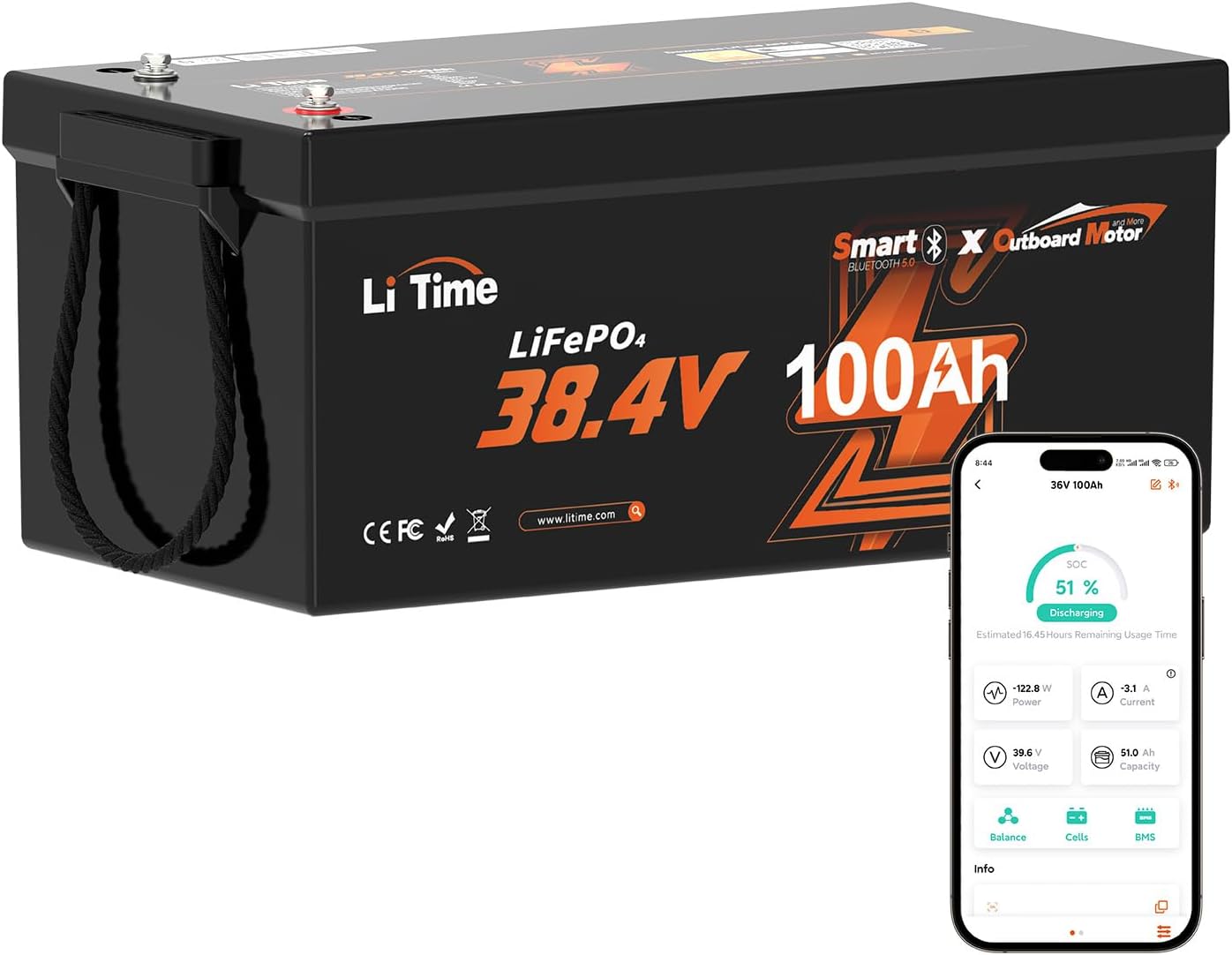 LiTime 36V 100Ah OBM Bluetooth Low-Temp Protection LiFePO4 Battery