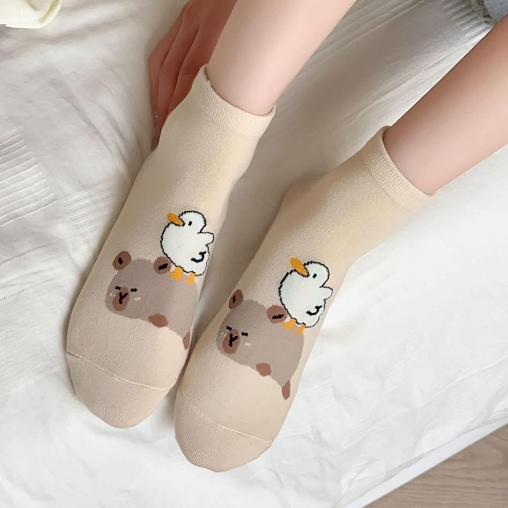 5 Pairs Cute Cartoon Animals Print Cotton Ankle Socks for Women Teens