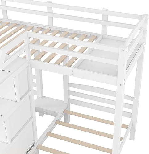 Miniatura 70 de Litera triple de madera maciza con cajones de almacenamiento y escalera, base de litera resistente con barandillas de protección para niños y