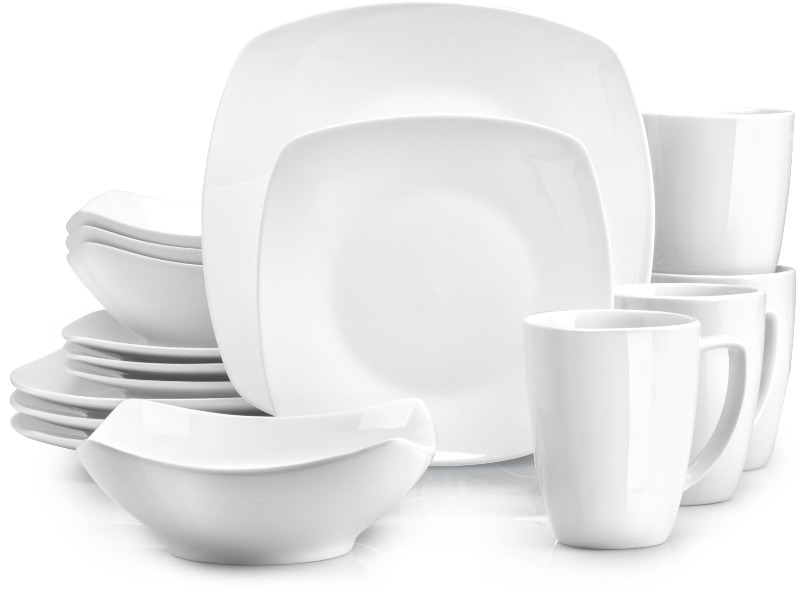 Zulay Kitchen Luna Plates and Bowls Sets, 16 Piece Modern Porcelain Dish Set for 4, Chip and Scratch Resistant Square Dinnerware Set, Microwave and Dishwasher Safe, Pearl White