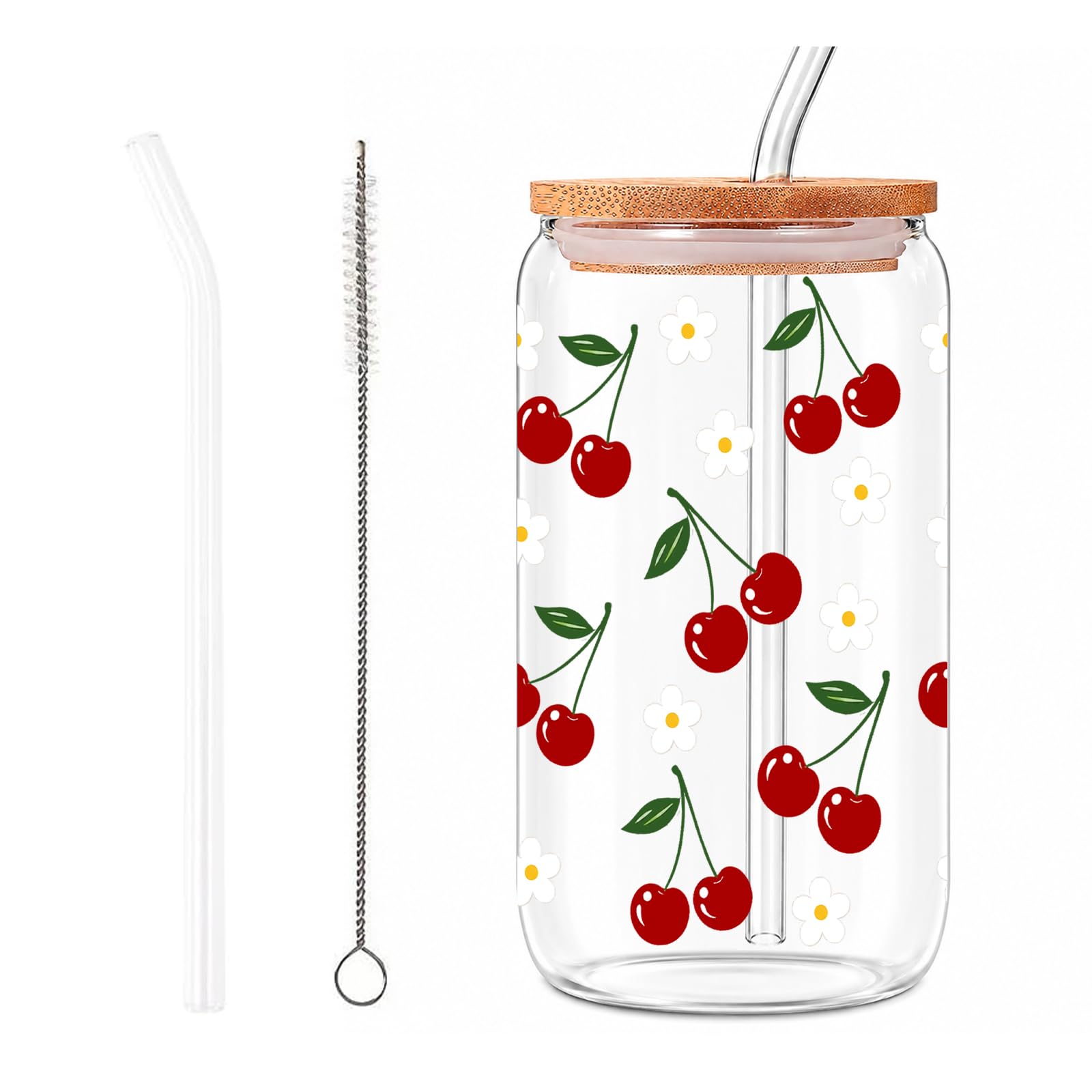 Bryxora Cherry Glass Cups with Lids and Straws Set, Glass Cups with Lids and Straws, Complete Set with Bamboo Lid, Glass Straw and Cleaning Brush