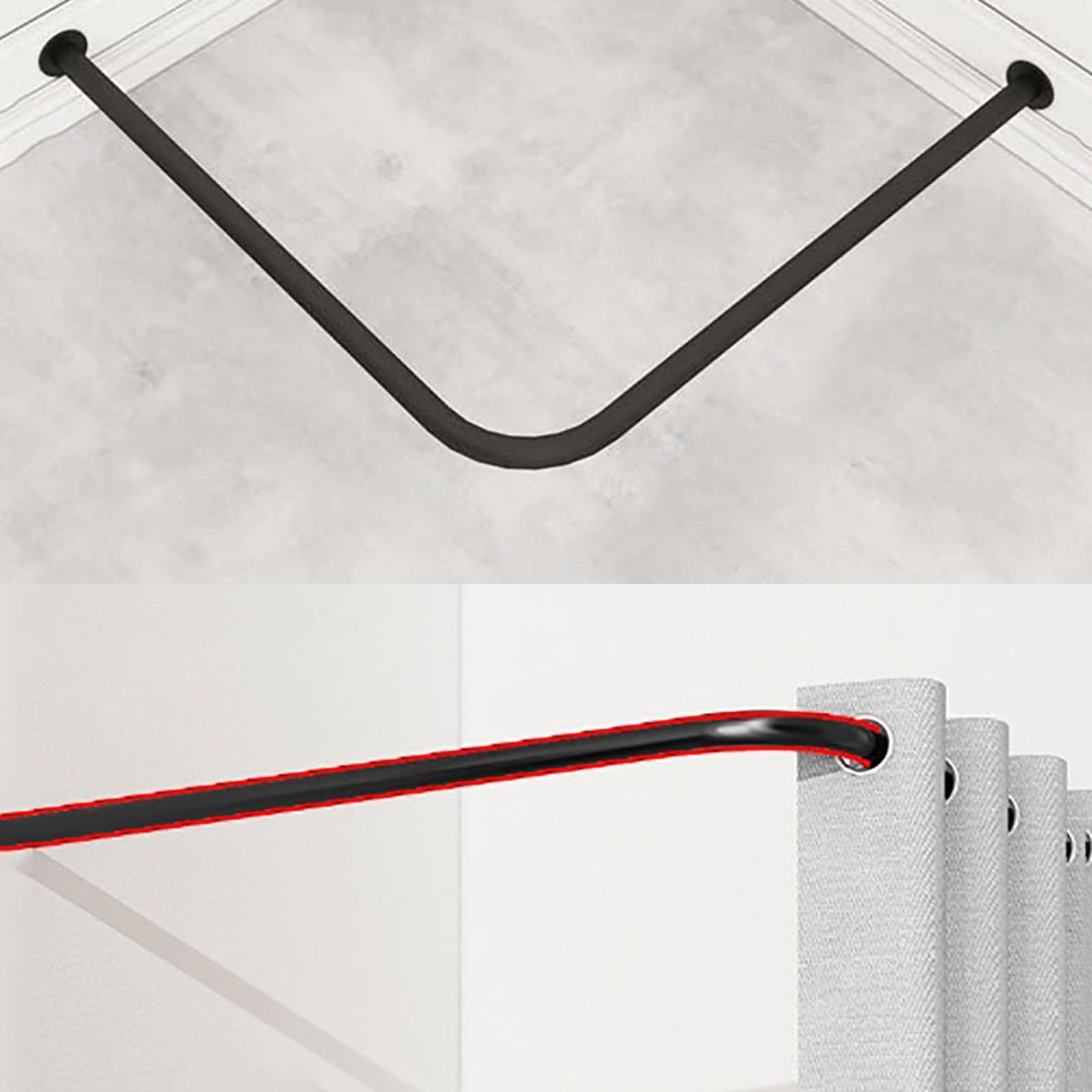 Barra de cortina de ducha de esquina negra de metal para vestidor, divisores montados en la pared para dormitorio y spa, 120 cm, diseño duradero y elegante