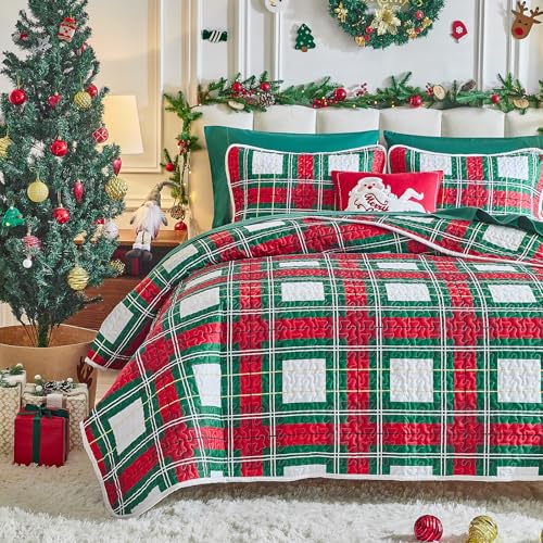 Flysheep-Christmas-Quilt-Set-3-Pieces-Queen-Red-Green-White-Plaid-Reversible-Design-Bedspread-Coverlet-Set-Soft-Microfiber-Lightweight-Bed-Cover-for-All-Season-90-x-90-1-Quilt-2-Pillow-Shams Flysheep Christmas Quilt Set 3 Pieces Queen Red Green White Plaid Reversible Design Bedspread Coverlet Set Soft Microfiber Lightweight Bed Cover for All Season 90 x 90 1 Quilt 2 Pillow Shams