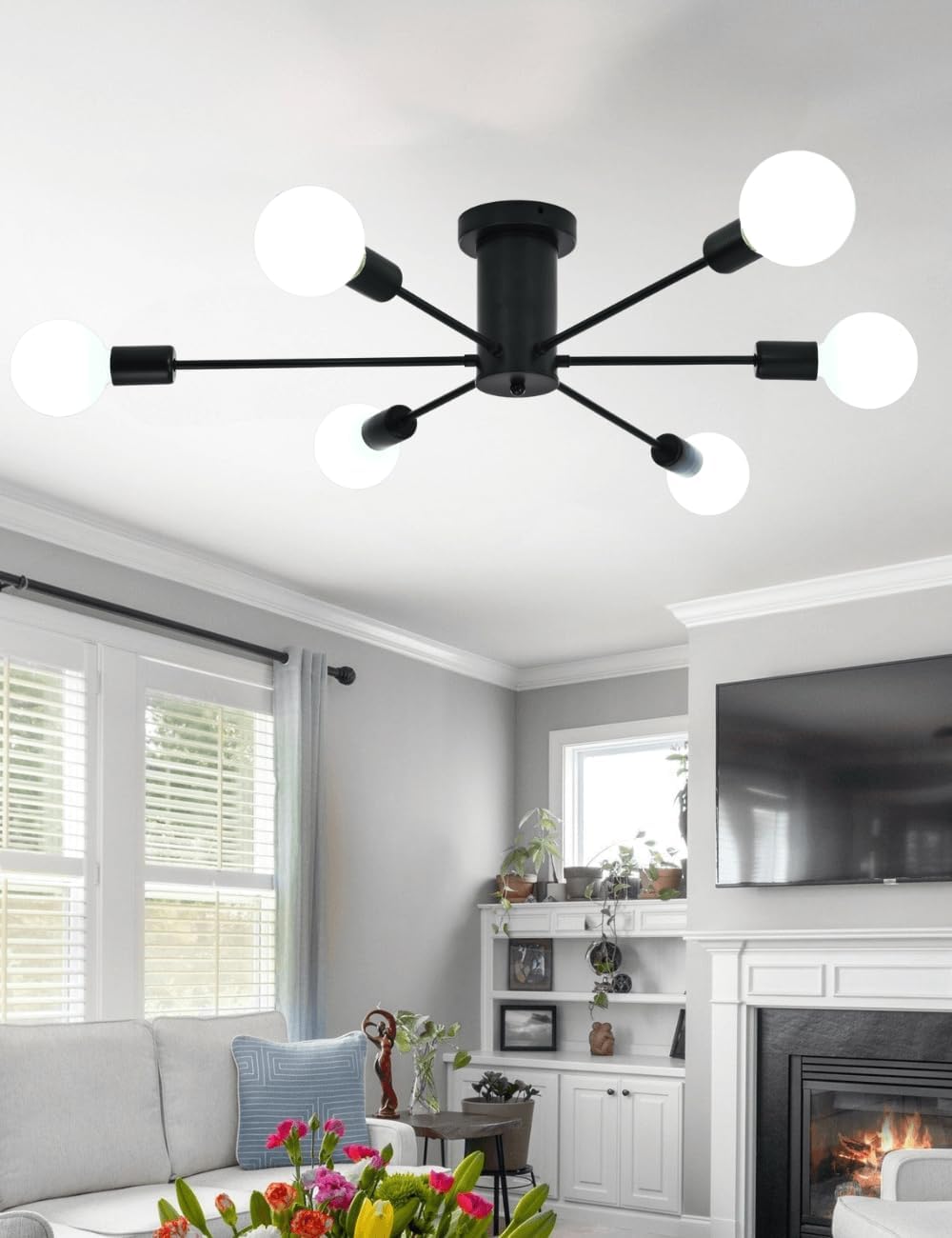 Ceiling Light Fixture, Modern Sputnik Chandelier, Mid Century Industrial Lighting for Bedroom Kitchen Dining Living Room (Black, 6 Lights)