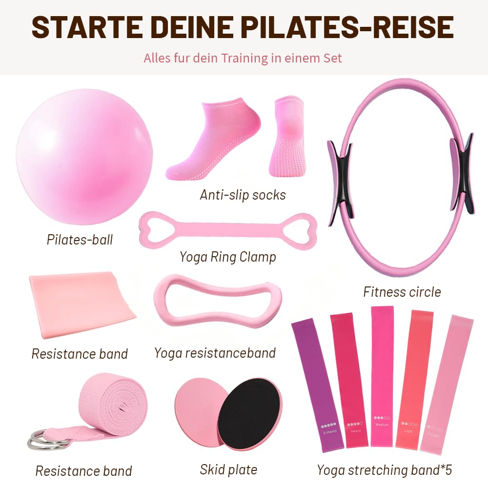 Kit Pilates Maison 15 Pcs Pilates Kit Pilates Accessoires Cercle Pilates, Yoga Ball, Resistance Bands, Pilate Ring, Yoga Band, Ceinture Auxiliaire pour La Force, La Flexibilité, La Stabilité