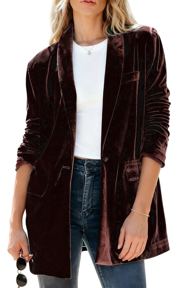 Womens Velvet Suit Blazer Jacket Shawl Lapel Business Suit Jacket One Button Prom Party Coat