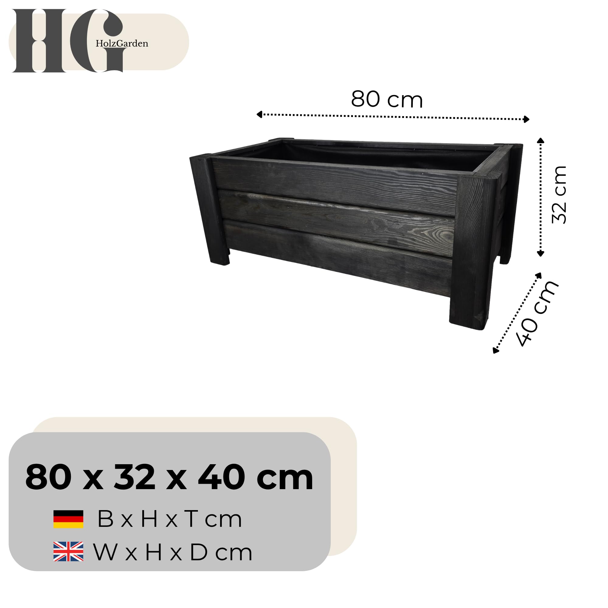 Macetero De Madera Rectangular 80x32x40 cm Impregnado Color Ebano Resistente A La Intemperie Jardinera Grande para Exterior Balcon Jardin 54 l Serie Flora