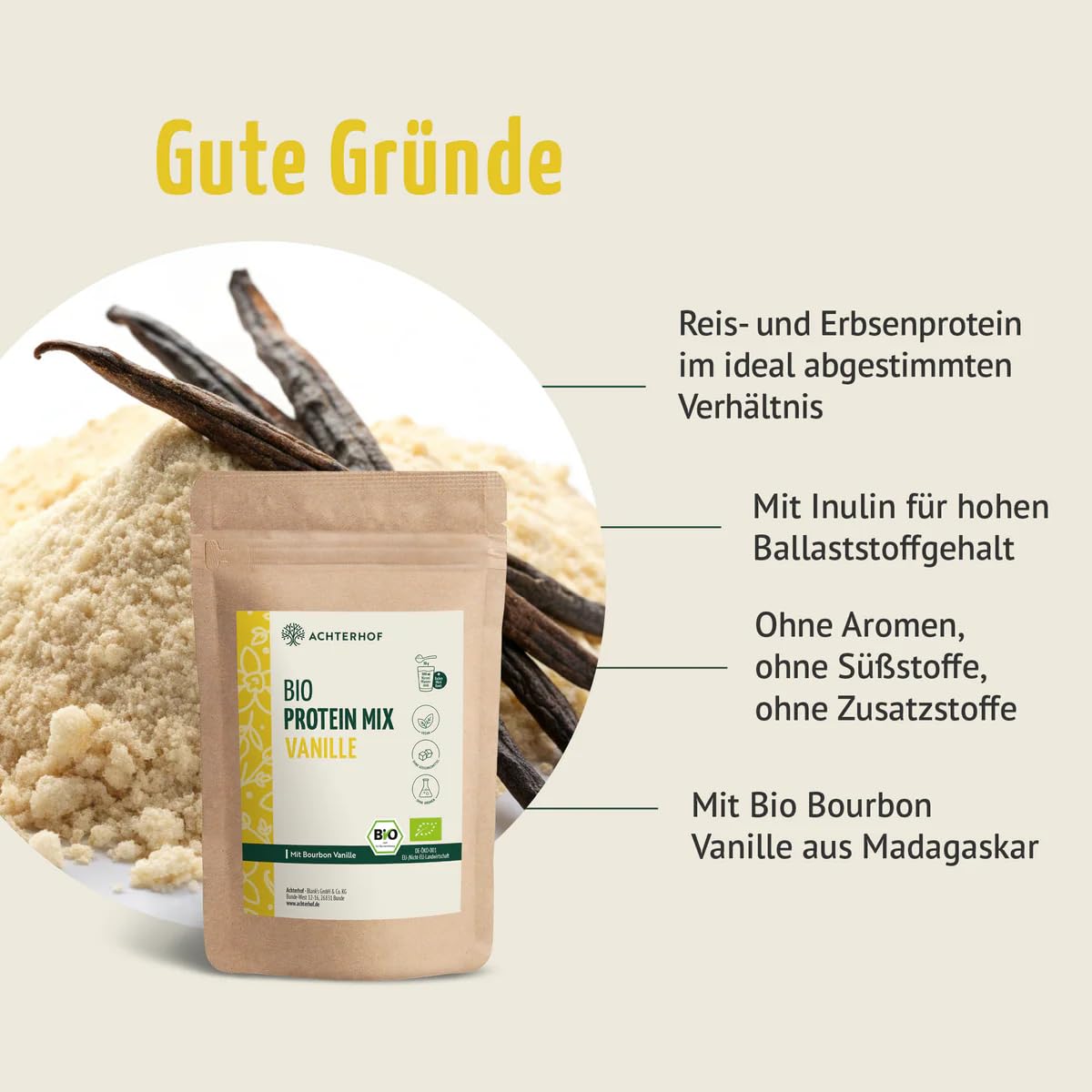 Bio Protein Mix Vanille 500g | Erbsen- und Reisprotein mit echter Bourbon Vanille und Ballaststoffen | 100% natürliche Bio-Proteinmischung | Achterhof