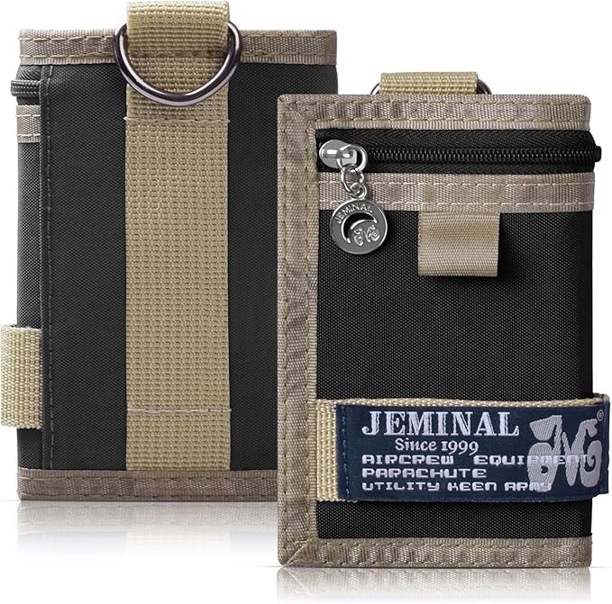 JEMINAL Trifold Wallet for Men Canvas Outdoor Sports Keychain Wallet with Multiple Card Slots and ID Window Black Gifts for Dad from Son Daughter Wife