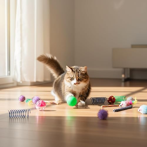 Miniatura 8 de Nicunom 100 piezas de juguetes para gatos y gatitos de interior – primavera, ratones de piel, bola arrugada, bola de pompón brillante, campana