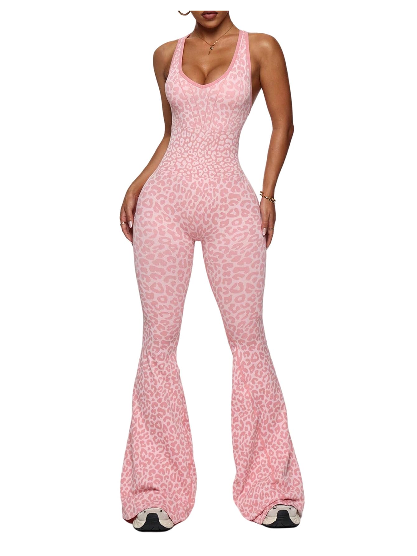 Women's Cheetah Print Workout Sets Yoga Jumpsuit Criss Cross Sleeveless Work Out Clothes Flared Pants Jumpsuits-image-11