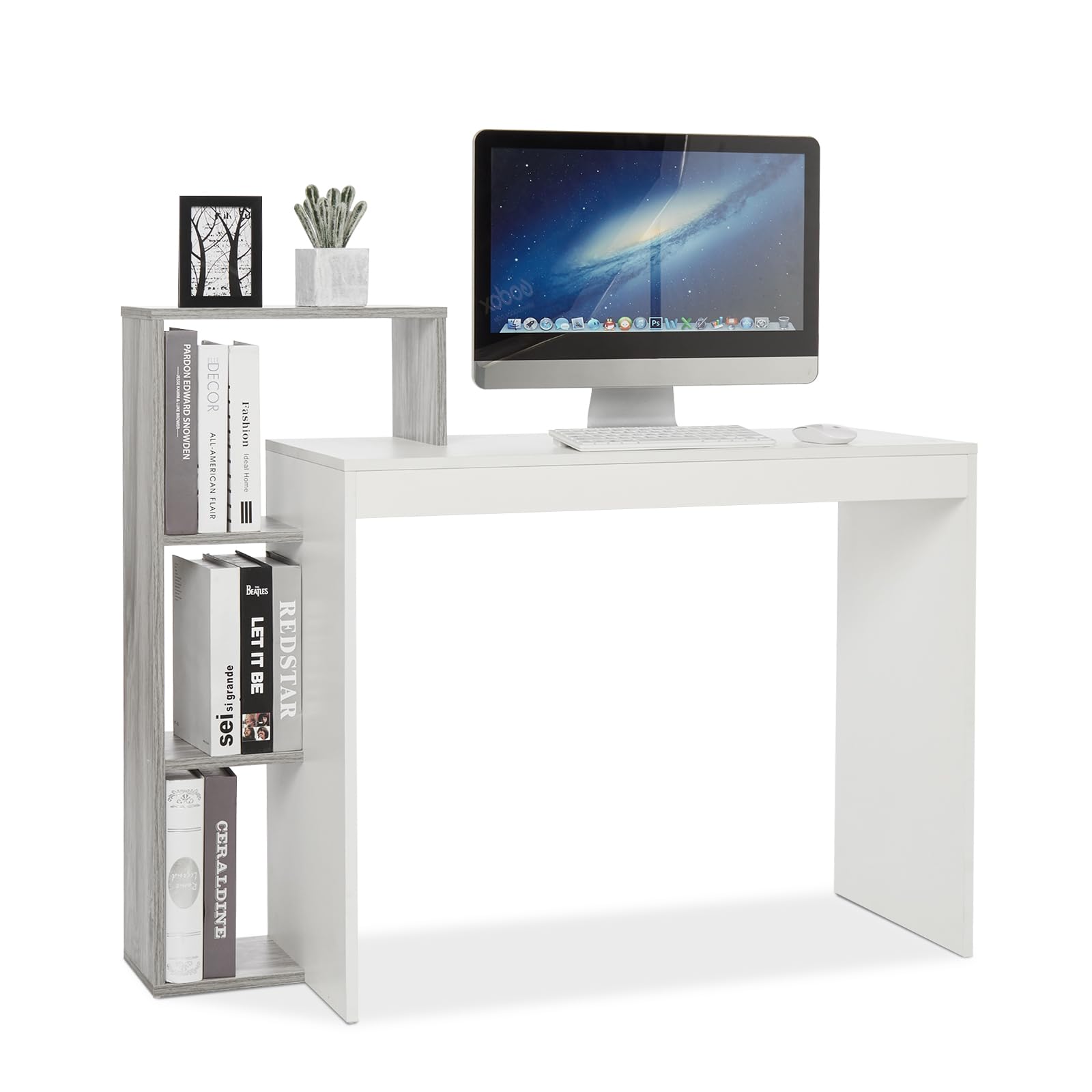 Mondeer Escritorio, Mesa de Ordenador con Estante de Almacenamiento de 3 Niveles, Ahorro de Espacio, para Oficina Estudio Estación de Trabajo, 110 x 40 x 92 cm, Blanco y Gris