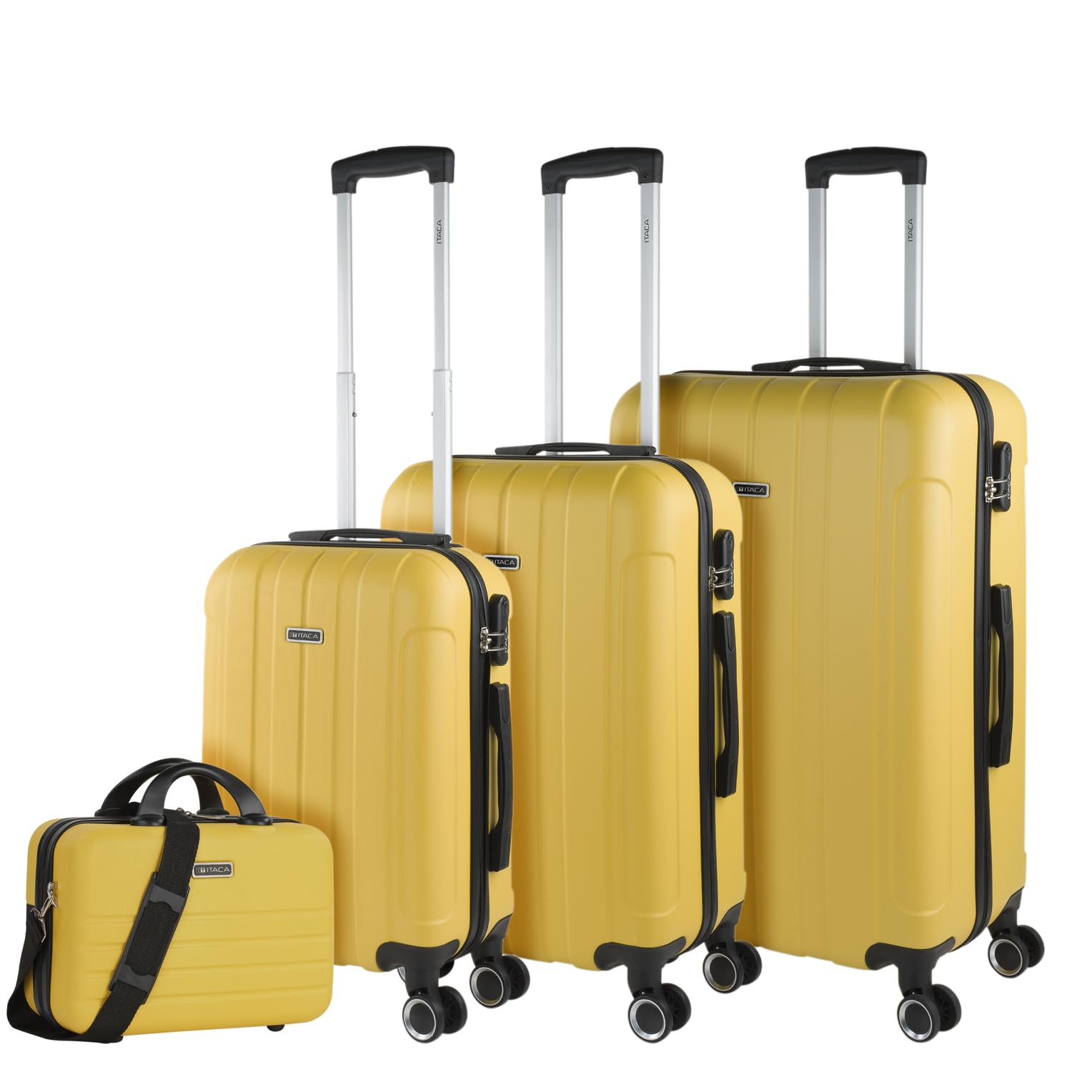 ITACA - Zestaw 4 sztywnych futerałów podróżnych wózek na 4 koła 55/64/73 cm + Etui kosmetyczne ABS. Odporny i lekki. Uchwyt Uchwyty kłódki. Mała średnia i duża kabina. 771100, Żółty