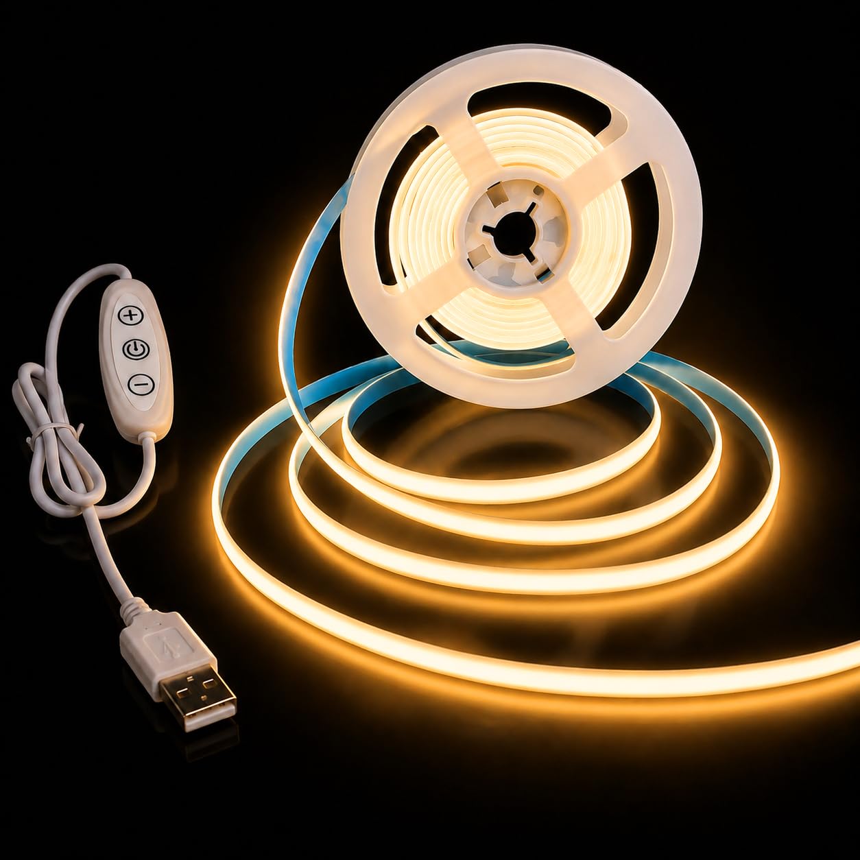 PSTAR COB LED Strip Light 1M, 2700K Warm White USB LED Strips, 5V Dimmable COB Tape Lights, 8mm Wide, 320 LEDs/M, High Bright Flexible Cuttable Lights for Bedroom TV Backlight Mirror Monitor Kitchen — image 1