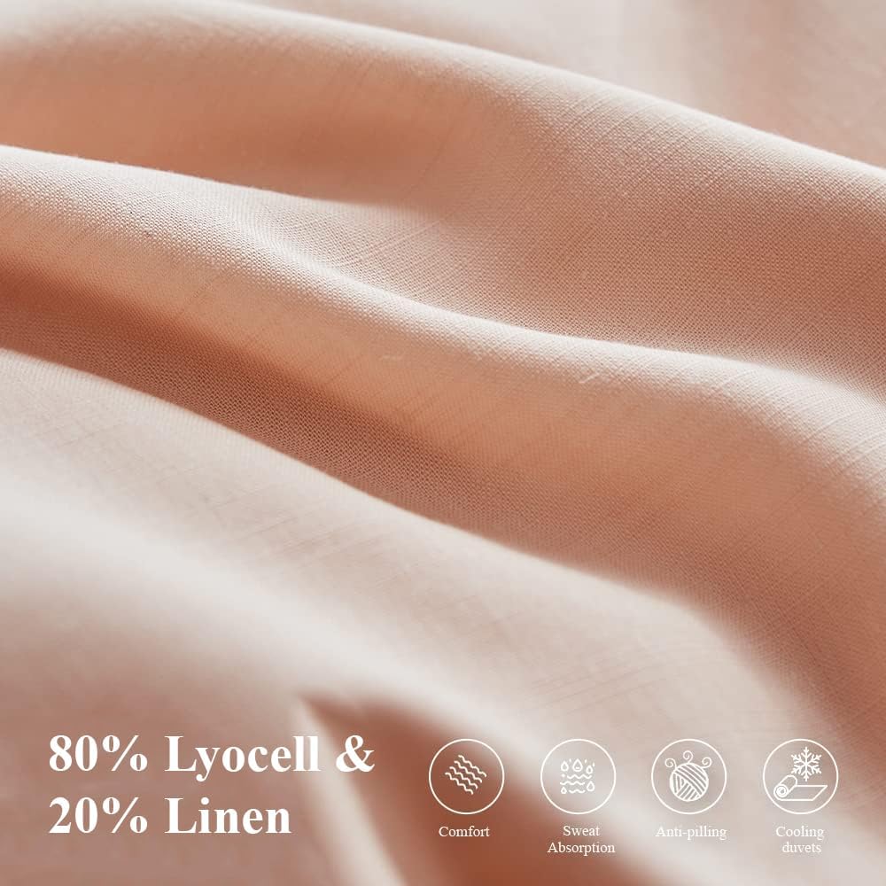 BISELINA Linen Lyocell Duvet Cover Set 3 Pieces 20% Natural Flax 80% Lyocell Blend Solid Color Soft Cool Lightweight Luxury Bedding - Blush, King Size