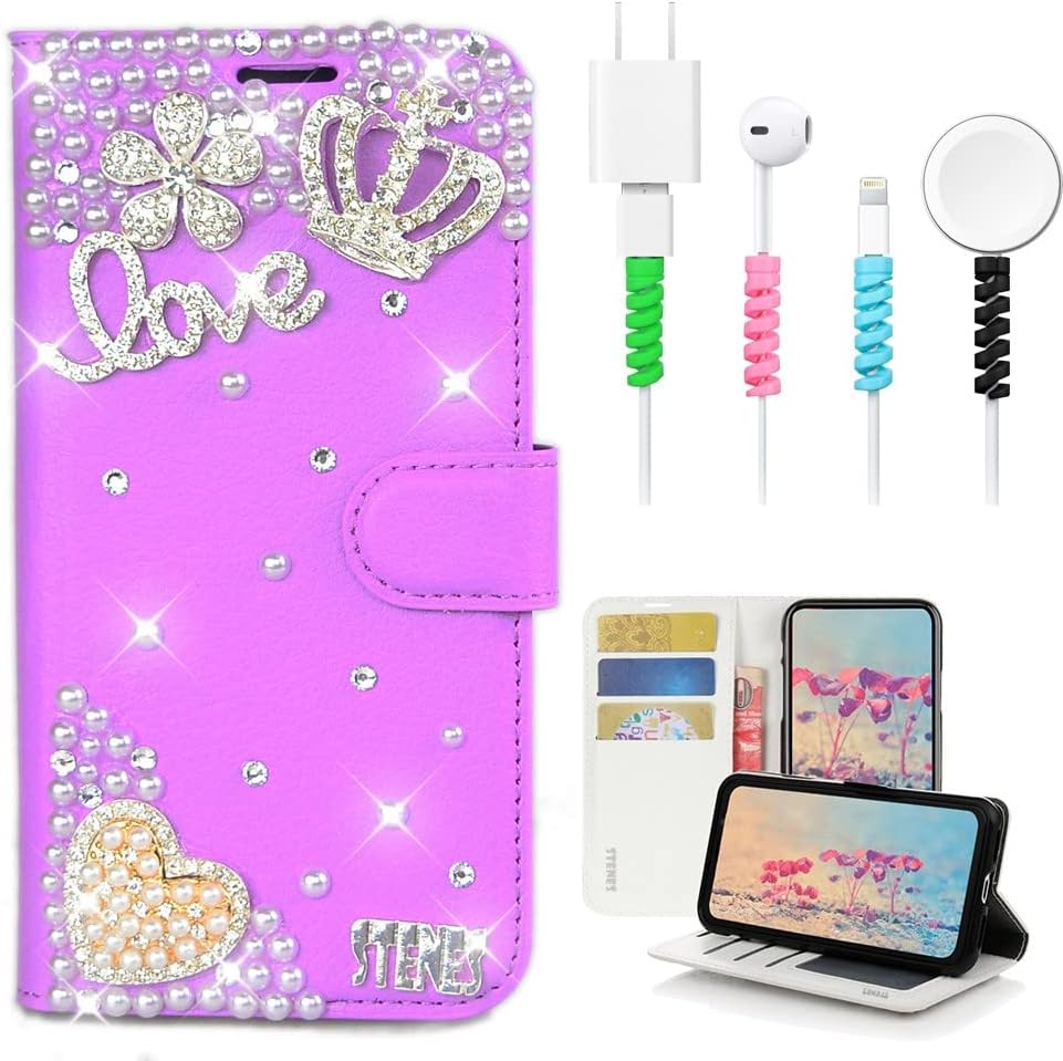 STENES Bling Wallet Phone Case Compatible with Google Pixel 7 Case - Stylish - 3D Handmade Pretty Bird Flower Floral Leather Cover with Cable Protector [4 Pack] - Purple