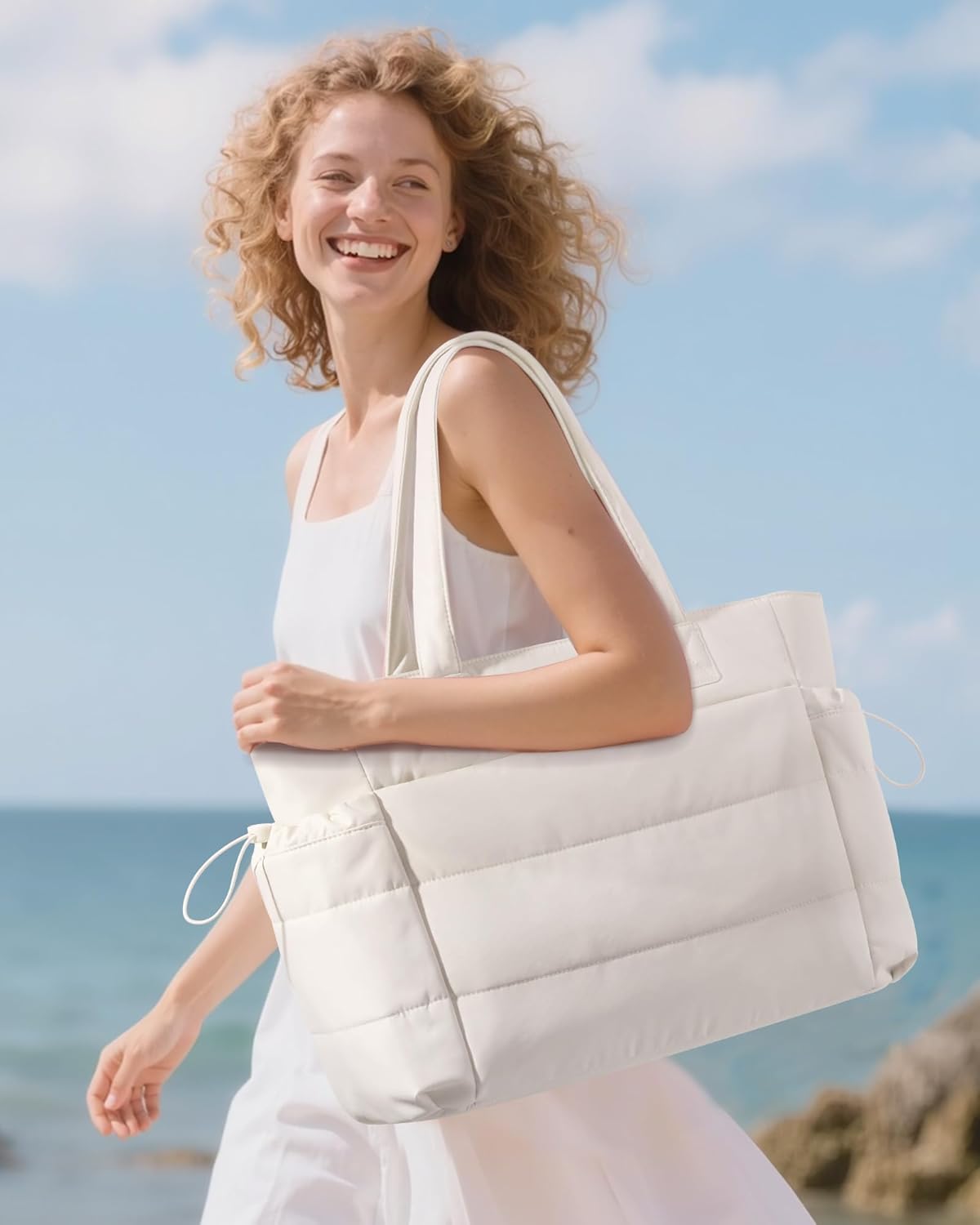 LOVEVOOK Tote Bag for Women with Giant Tumbler Holder Pocket, Puffer Work Travel Laptop Handbag with Zipper for Nurse Teacher - Image 2