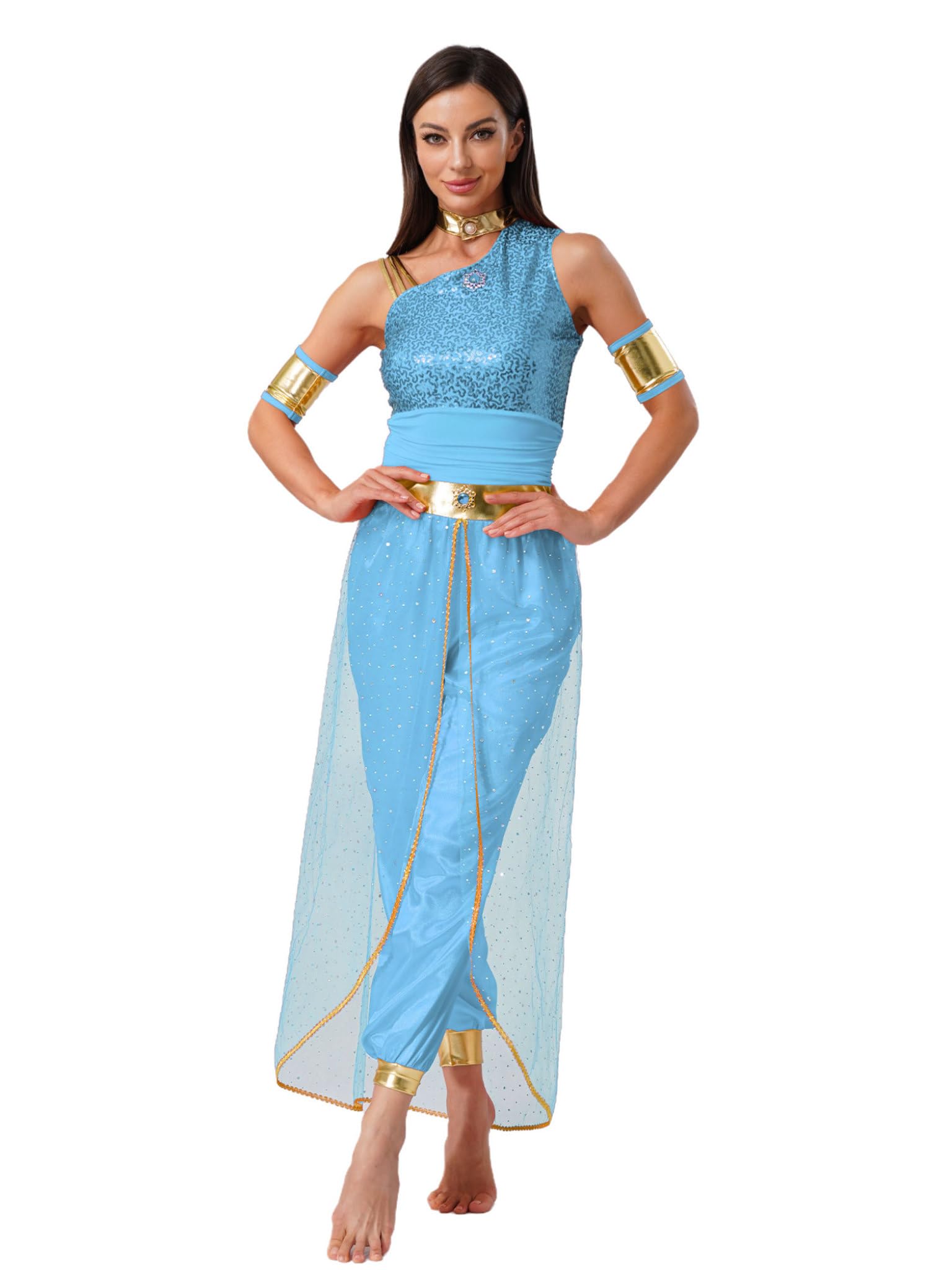 Runhomal Women's Arabian Princess Costume India Fancy Dress Performance Belly Dance Outfits Sky Blue 3XL