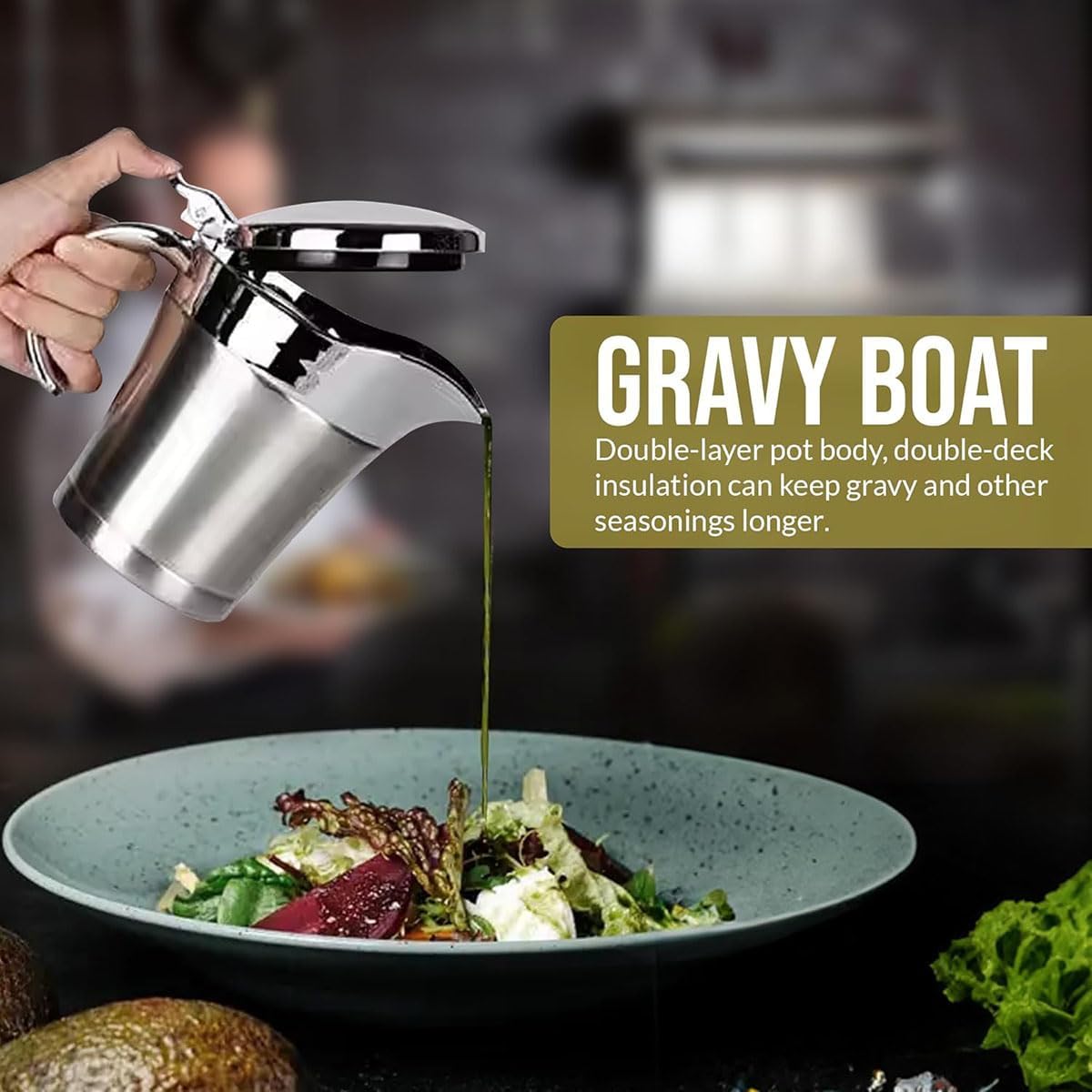 Stainless Steel Insulated Gravy Boat with Lid – 450ML/16OZ Double Insulated Gravy Pitcher for Hot & Cold Sauces – Sauce Jug with Hinged Lid, Ideal for Gravy or Cream at Thanksgiving, Gravy Pitcher