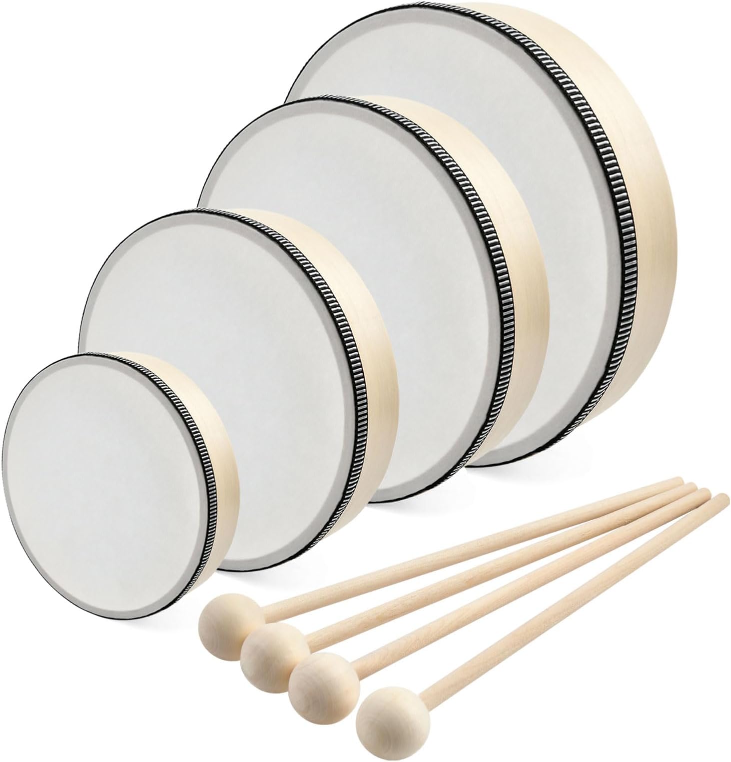 – 4 Pack 4 Sizes Wooden Hand Drum Set,Wood Frame Drums with Drum Sticks,6/7/8/10 Inch Musical Instrument Percussion Drum for Rhythm Learning,Music Enlightenment
