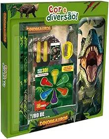 Kit Escolar Dinossauros com 9 Peças, Estojo Metálico, Giz de Cera 3D 6 Cores, Lápis Grafite, Borracha, Régua, Livro de Atividades e Jogo da Memória, Simplesmente uma Diversao Colorida, Crianças acima de 3 anos