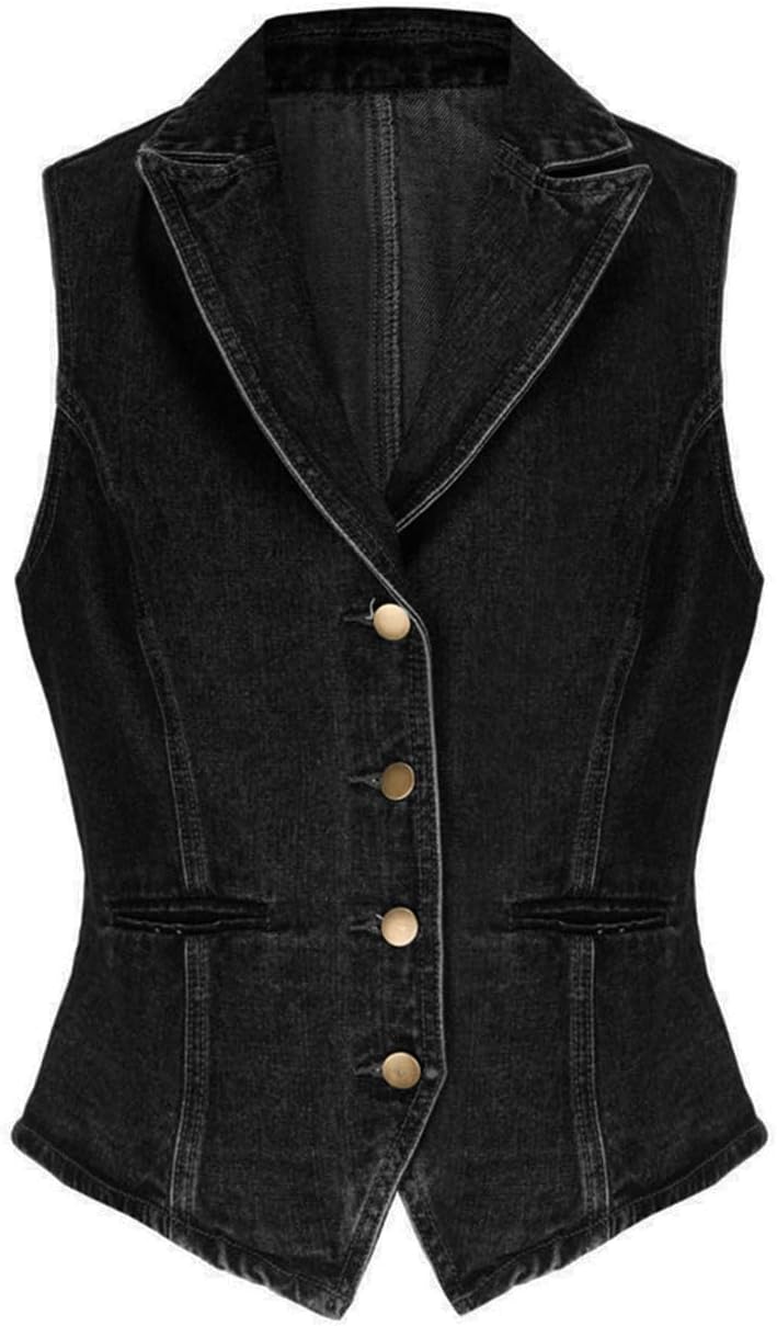 Ladyful Lapel Denim Vest for Women Sleeveless Business Work Jean Waistcoat Vest