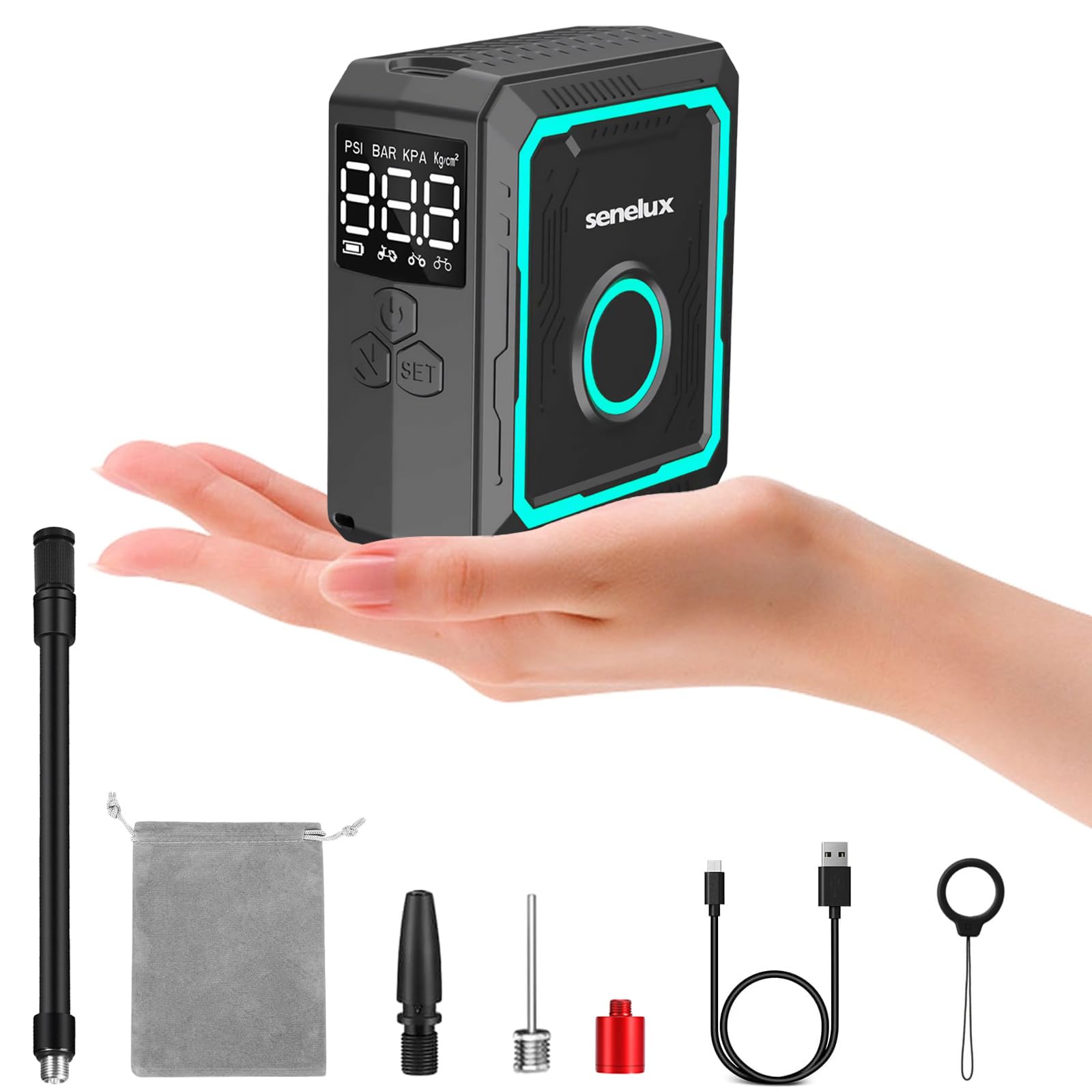 Senelux Mini pompa elettrica per bici da 150 psi, compressore d'aria portatile senza fili, con manometro digitale, arresto automatico e preset intelligenti, ricaricabile USB-C, per bici da strada con