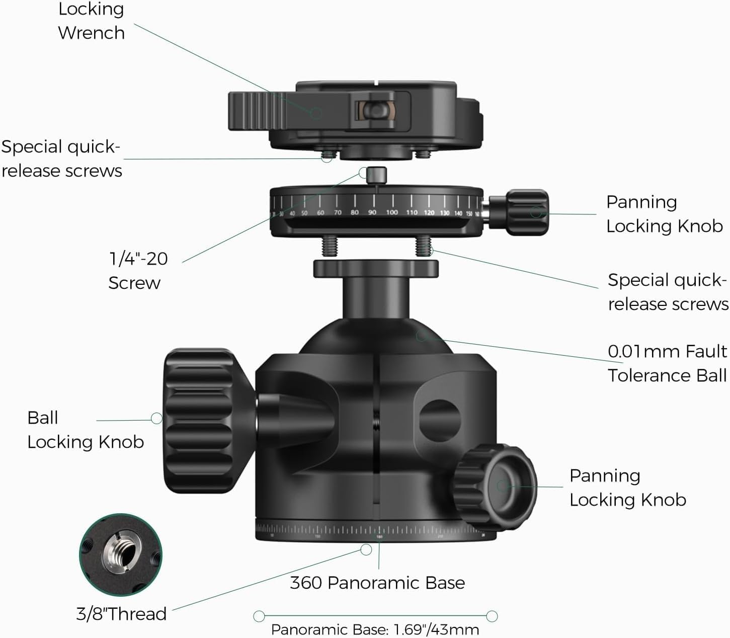 FANAUE 55mm Heavy Duty Tripod Ball Head, 360° Panoramic Base & 90° Vertical Slot, Arca Swiss Compatible Quick Release Plate