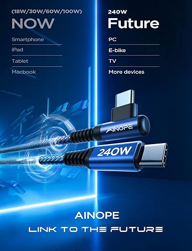 Vista 29 de AINOPE Cable USB C a USB C de 240 W (paquete de 2 unidades de 6.6 pies USB C) USB C a USB C, cable de carga rápida USB C en ángulo recto para iPhone