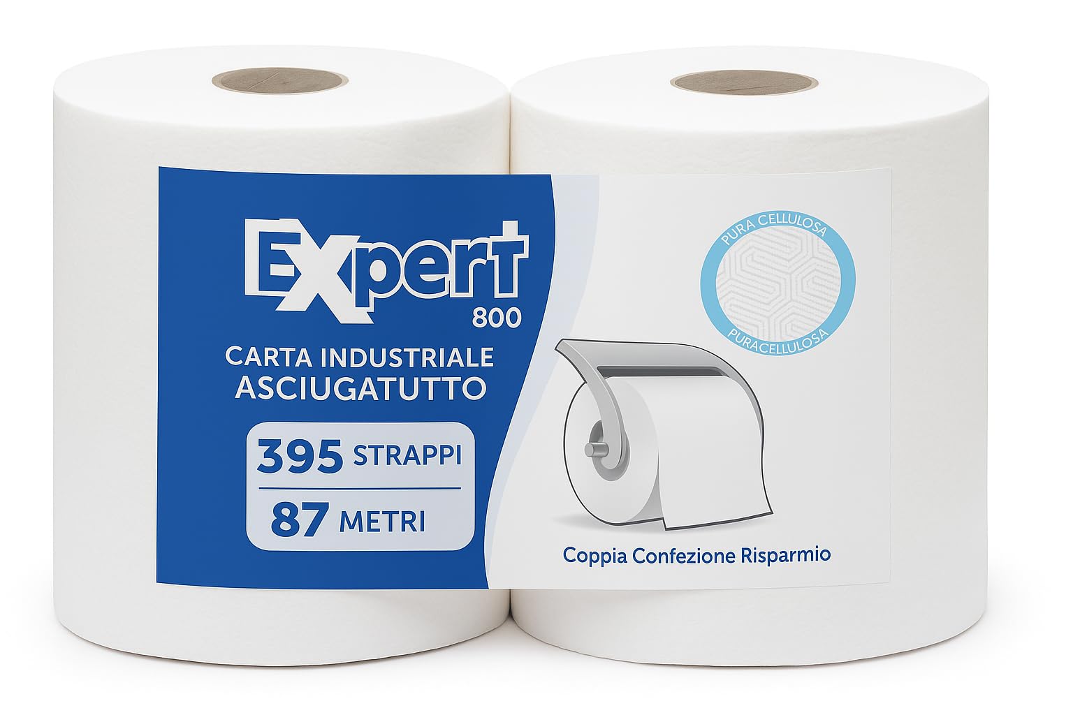 2 Rotoloni Carta Industriale Expert Reflex 800 – 2 Veli Pura Cellulosa, 395 Strappi per Rotolo, Confezione da 2 Bobine da 87 m – Asciugatutto Multiuso Bianco