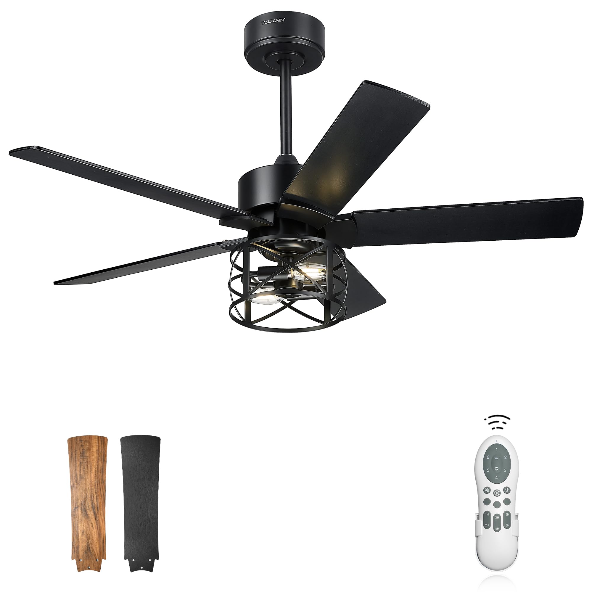 youkain ceiling fans with lights, 42 inch farmhouse ceiling fans with lights and remote, 5-reversible blades with matte black/wooden finish, 42-yj632-bkw