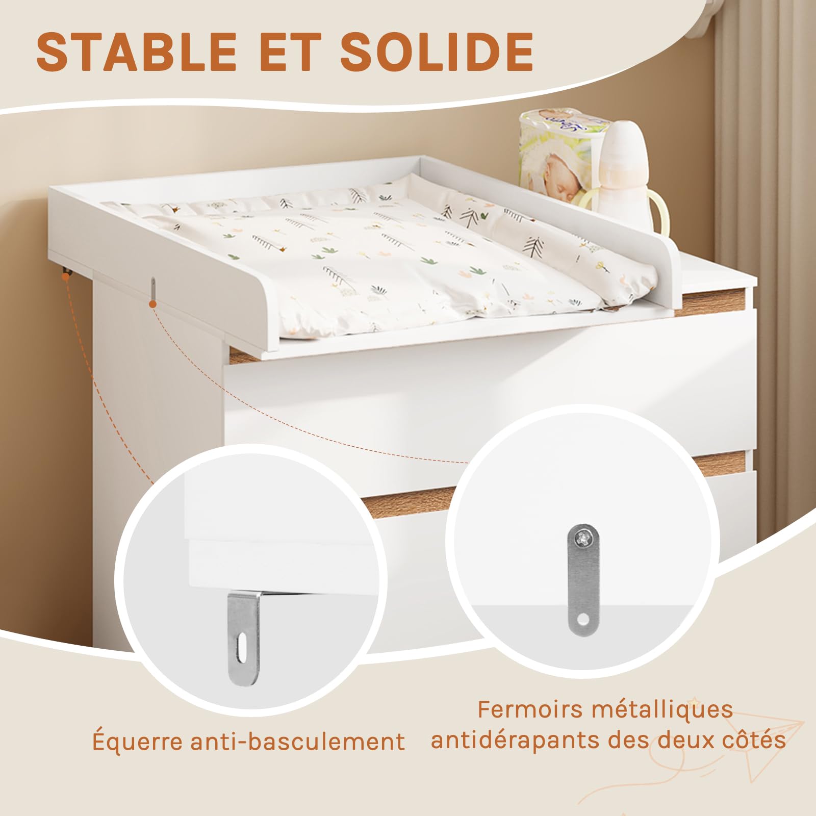 WOLTU Plan à Langer Universel en MDF Amovible avec Profondeur réglable 46,5–50 cm, pour Commode 60x80x10 cm, Blanc