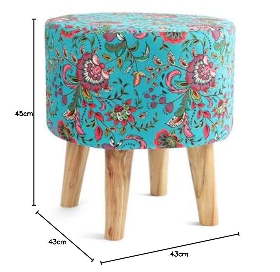 Image of NACIA Velvet Printed Ottoman Chair with Stool Combo | Dressing Table Chair for Bedroom Makeup Room Decor | Modern Upholstered Ottoman with Wooden Legs for Living Room (18x18x32 Inches, Blue Leaf)