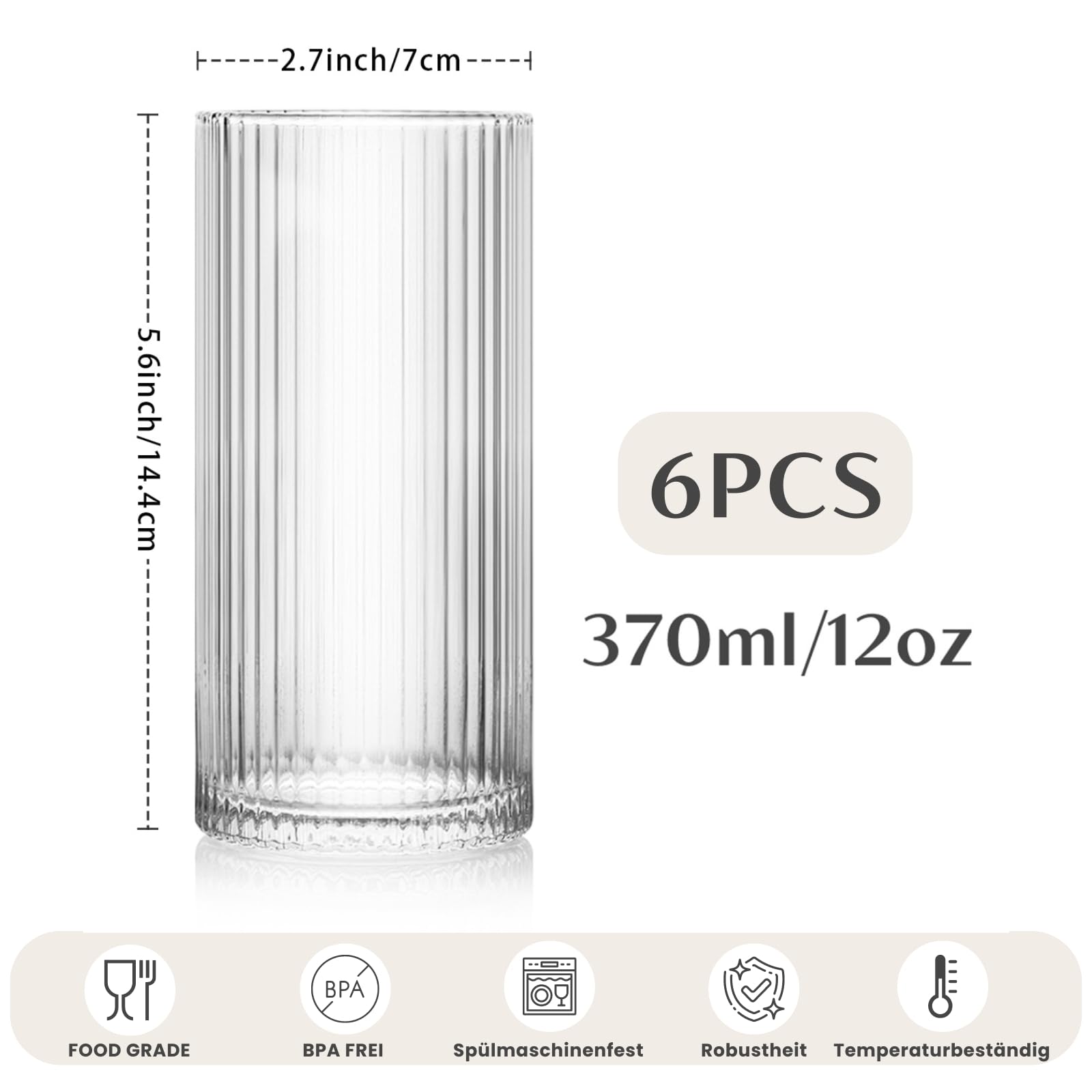 INSETLAN 370ml Geriffelte Longdrinkgläser 6er Set Wassergläser Trinkgläser| Ideal für Whisky, Bier, Säfte, Eiskaffee & Cocktails | Spülmaschinenfest | Hochwertige Trinkgläser & Cocktailgläser