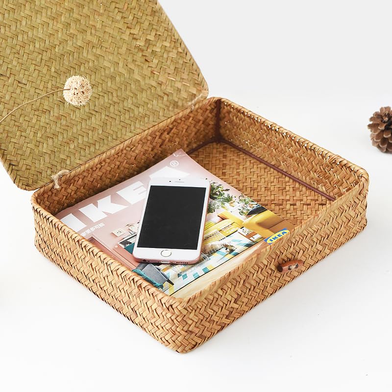YUNRUI Set Di 3 Cestini In Vimini Con Coperchio - Alghe Marine Intrecciate A Mano, Rettangolari, Per Organizzare Casa, Bagno, Camera Da Letto, Scatole Regalo (S, M, L)