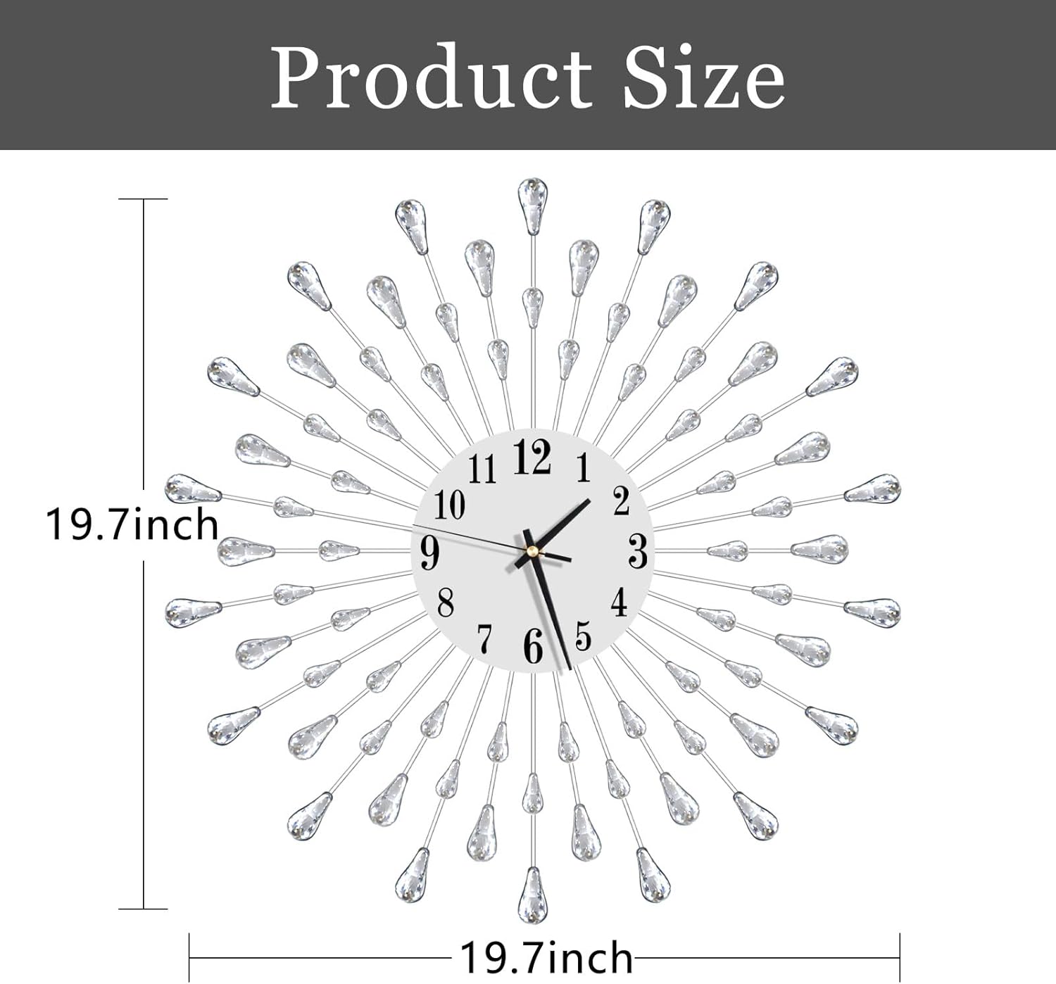 Large Wall Clock Metal Decorative Wall Clocks Silent Non-Ticking,Bling Shining Modern Art Starburst Big Wall Clocks for Living Room Bedroom Dining Room Kitchen Decor,Dia 19.7 Inch Silver