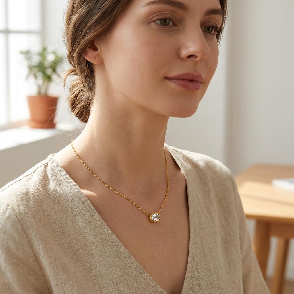 14K Gold Plated Birthstone Necklace for Women, Emerald Cut Pendant on Delicate Paperclip Chain, Dainty Jewelry Gift for Her, Birthday Anniversary Holidays - Image 2