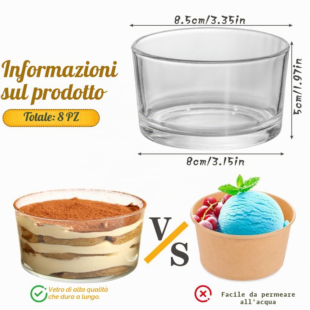 Set di 8 bicchieri da dessert trasparenti da 200 ml, piccole ciotole in vetro per dessert, per tiramisu, panna cotta, gelato, budino, cereali, yogurt, marmellata e dolci