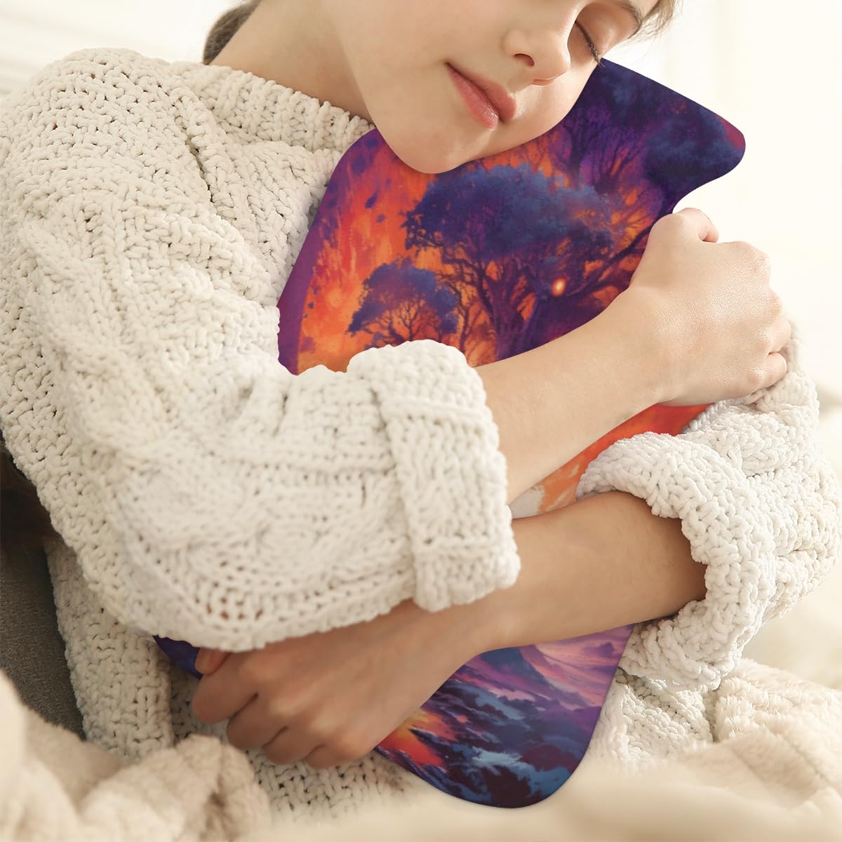 Hot Water Bottle with Soft Cover,2L Abstract Tree Hot Water Bag for Hot and Cold Compress, Hand Feet Warmer, Sunset Tree Rubber Hot or Cold Water Bottle Halloween Christmas Decorations