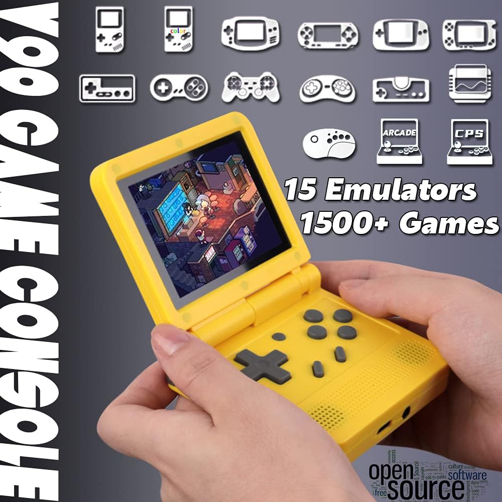 Handheld Game Console 3 inch Retro Clamshell Games Consoles Built-in Rechargeable Battery Portable Style Hand Held Game Video Consoles System V90 Yellow with Case 16GB