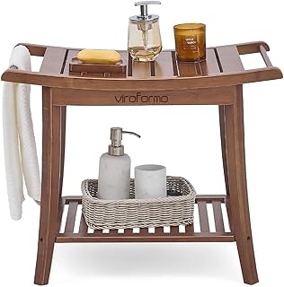 Bamboo Shower Bench Stool with Storage Shelf and Soap Dish, Waterproof S...