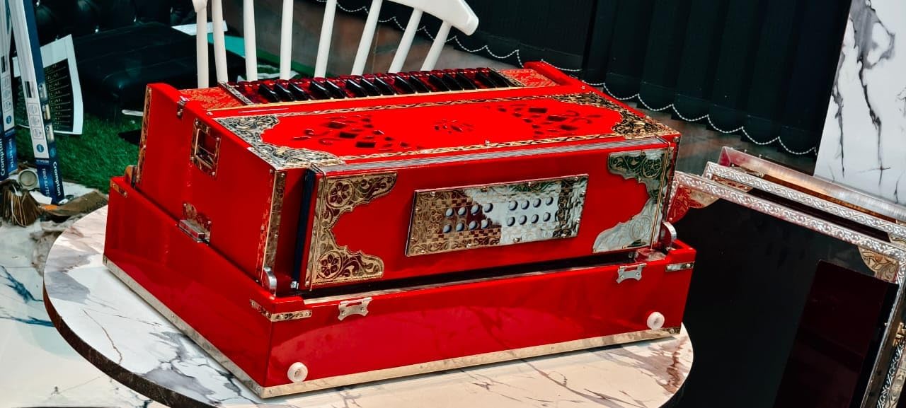 NamasteHimalayas Limited 4- Reed 13-Scale Professional Scale Changer Harmonium – Customised Rare Red Edition with Premium Brass Finish Best for Kirtan, Bhajan, Meditation, Sound Healing Therapy