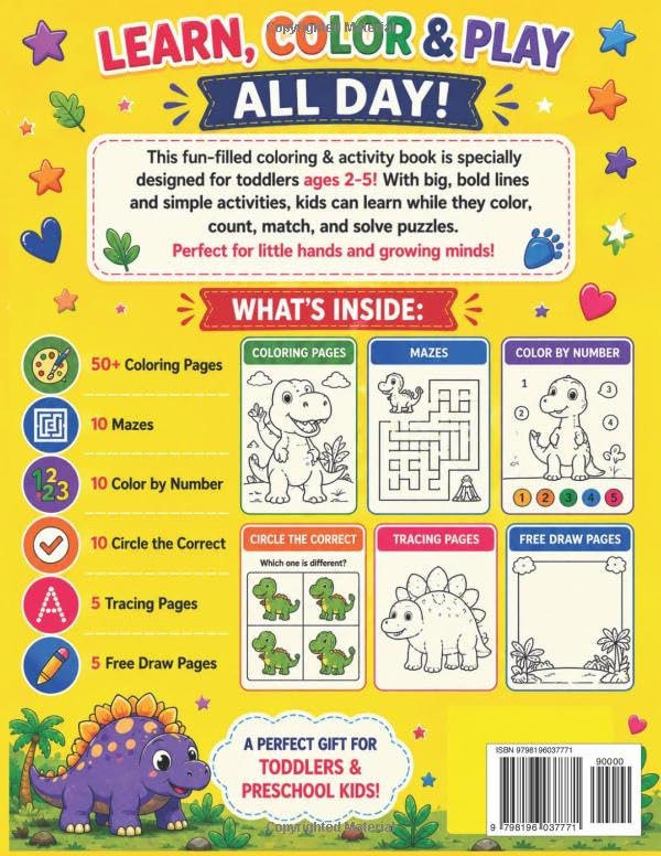 Dinosaur Coloring & Activity Book for Kids Ages 2-5: 100+ Pages of Cute Dinosaurs, Mazes, Color by Numbers, Tracing, Circle the Correct & Free Draw ... | Perfect Gift for Toddlers & Preschool Kids image 3