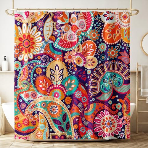 ZhiRain Boho Paisley Floral Shower Curtain Mandala Indian Bohemian Colorful Flowers Waterproof Fabric Bathroom Curtains Home Privacy Bath Decor with Hooks 72x78Inch